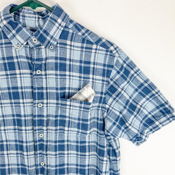 Cremieux Linen Blend Shirt Men's Small Button-Up Short Sleeve Blue Plaid - Picture 4 of 12